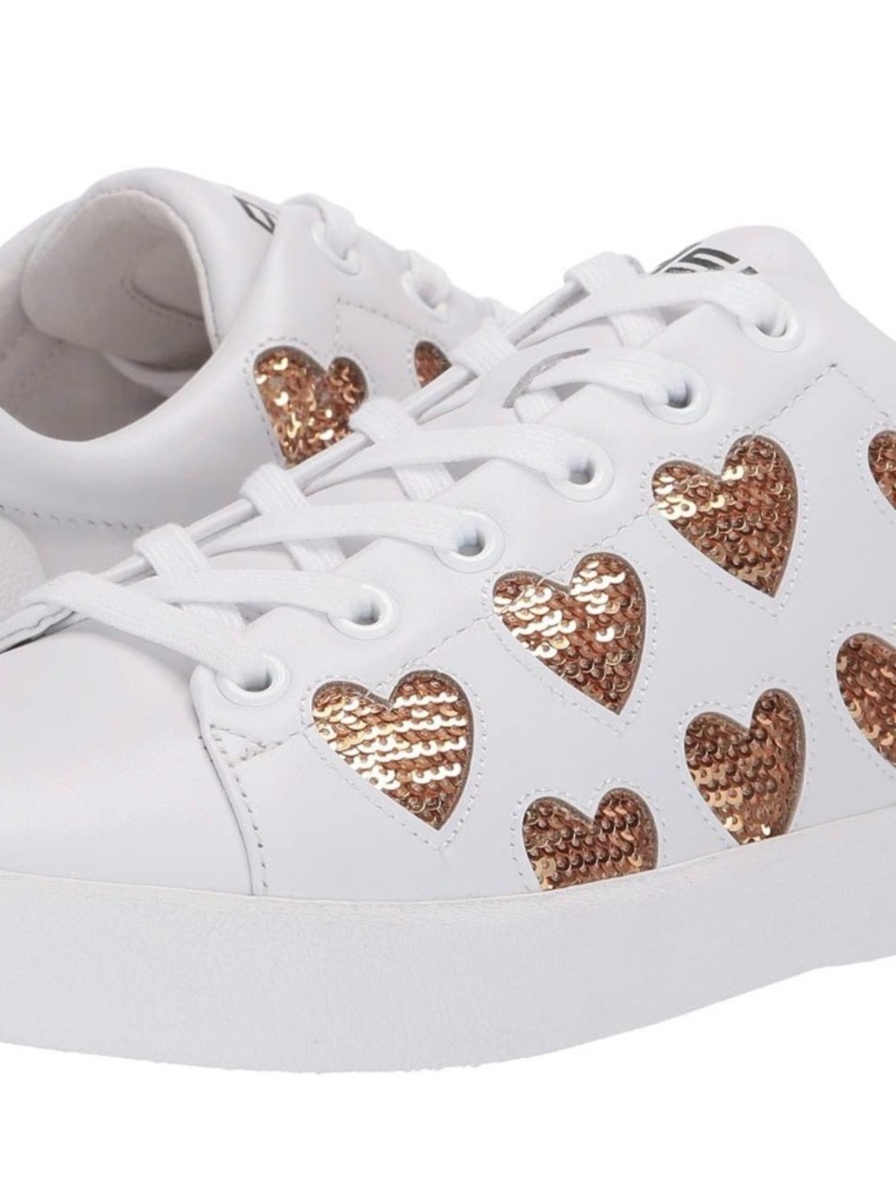 White Lace-Up Sneakers with Rose Gold Sequin Hearts